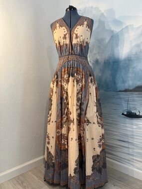 Boho Floral V‑Neck Maxi Dress in Cream and Blue #160